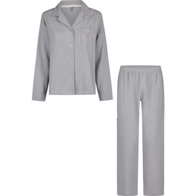 By Louise Dames Pyjama Set Lang Mousseline Met Knoopjes Grijs/Blauw - Maat M