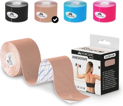 Mobiclinic - Kinesiotape - Model Mobitape - Neuromusculaire kleefzwachtel - Spierpijnbestrijding - Elastisch - Waterdicht - Kinesiologie bandage - Geschikt voor meerdere zones - Rol - 5x5 cm - Beige