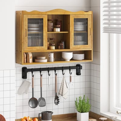 OKWISH Badkamerkasten - Badkamermeubel Sideboard met 2 Schuifdeuren en 3 Niveaus - Wandkast voor Badkamer en Keuken - 90×20×60 cm - Massief hout - Naturel