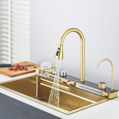 Keukengootsteen van roestvrij staal 201 goudkleurig geborsteld, met uittrekbare kraan, kraan voor zuiver water, enkele grote gleuf, geïntegreerde digitale displaykraanset, gootsteenaccessoires, 75 x 45 cm
