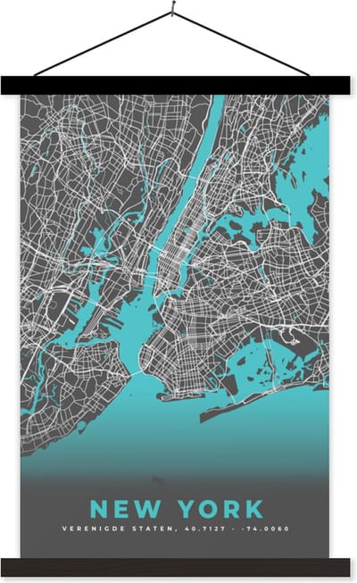 Posterhanger incl. Poster 40x60 cm - Schoolplaat - New York - Stadskaart - Blauw - Plattegrond - Kaart - Textielposter - Zwarte latten - Stadskaart