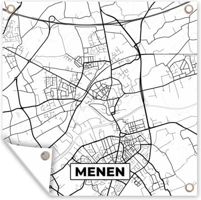 Tuin poster Kaart – Plattegrond – Stadskaart – Menen – België – Zwart Wit - 200x200 cm - Tuindoek