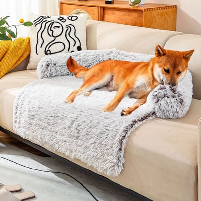 Luxe Hondendeken Hondenkussen Bankbeschermer voor Bank Bed en Auto, Verwijderbare Fluffy Plush Hoes met Memory Foam, Wasbaar in de Wasmachine, Waterdicht en Comfortabel, Kalmerend Huisdier Mat (90x90x20cm) bruin