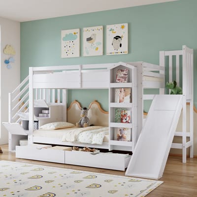 Stapelbed - Kinderbed - Met boekenplank - Twee ladekasten met wieltjes en kinderglijbaan - Opbergkast onder de trap - Grenen + MDF + multiplex - Wit - 90 x 200 cm (matras niet inbegrepen)