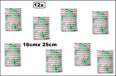 12x Lampion HAPPY SUMMER TIME recht 16cm x 25cm - Tropical festival thema feest verjaardag party papier BBQ strand licht fun beach
