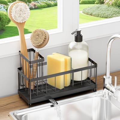 Gootsteen Organizer - Compacte Afwasborstelhouder met Automatische Afvoer - Ruimtebesparend Aanrecht Organizer - Zwart