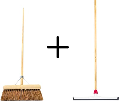 Synx Tools Coco Binnenbezem 30cm + Vloertrekker Kunststof 45cm met Steel 150cm - Zaalveger – Vloerreiniger – Natuurrubber - Zachte bezem kokos Met steel 150cm
