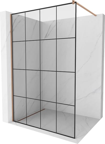 Mexen Kioto douchewand Walk-in 130 x 200 , zwart raster 8 mm, geborsteld koper - 800-130-101-65-77