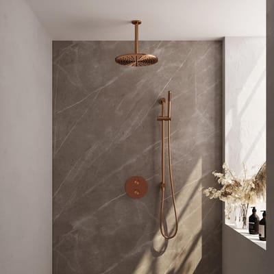 Brauer Copper Edition thermostatische inbouw regendouche 3-weg rond SET 90 met 30 cm douchekop en plafondarm en staaf handdouche en doucheslang en geïntegreerde glijstang koper geborsteld PVD