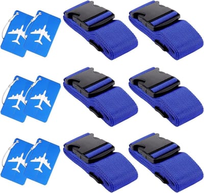 Set van 6 duurzame bagagelabels en verstelbare kofferbanden voor optimale bagagebeveiliging, blauw
