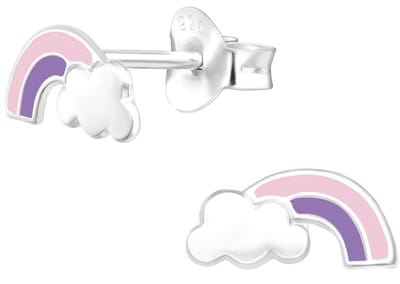 Joy|S - Zilveren regenboog oorbellen met wolkje - lila paars zilver - 9 x 4 mm - kinderoorbellen