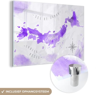 ® Glasschilderij 120x80 cm - Schilderij acrylglas - Wereldkaarten - Japan - Paars - Foto op glas - Muurdecoratie woonkamer - Wanddecoratie slaapkamer - Schilderijen