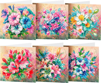 Adorzy Diamond Painting Kaarten Bloemen – 6 Wenskaarten met envelop - Diamond Painting Volwassenen – Diamond Painting Volledig Pakket