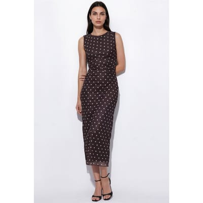 Gestipte Midi Tulle Jurk met Ronde Hals