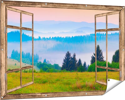 Gards Tuinposter Doorkijk Mistige Heuvel Landschap met Bossen - 150x100 cm - Tuindoek - Tuindecoratie - Wanddecoratie buiten - Tuinschilderij
