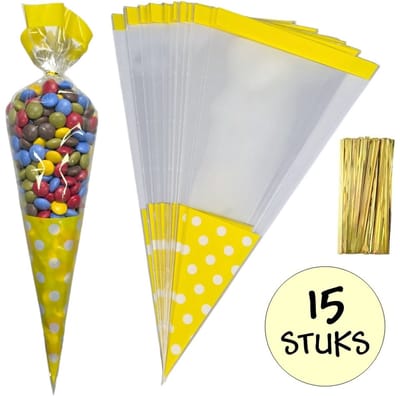15x Cellofaan Puntzakken Gele Stippen 37x18cm - Uitdeelzak - Traktatie Zak - Snoepzak - Inclusief Sluitstrips - 18x37cm - Geel - 15 Stuks