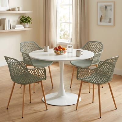 EGGREE eettafel en stoelen set - tafel met een diameter van 100 cm en 4 grijsachtig groen stoelen - geschikt voor bar - keukeneiland -café en eetkamer.