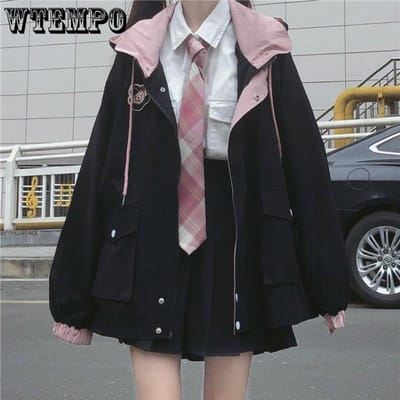 Veste noire à fermeture éclair japonaise Kawaii pour femmes, Harajuku, Style surdimensionné d'automne, vêtements d'extérieur roses pour filles d'école mignonnes M noir