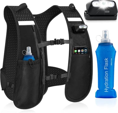 DVDSS® Hardloopvest met verlichting - Hardloopvest voor dames en heren - 500 ml waterfles - ledlicht - telefoonhouder - Zwart