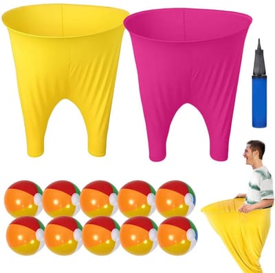 Dailygoods- Werpspel 2 stuks - 2 Reuzenbroeken 100 x 80 cm - 10 Springballen - 1 Ballonpomp - Duurzaam materiaal - Outdoor partyspel - Buitenspel