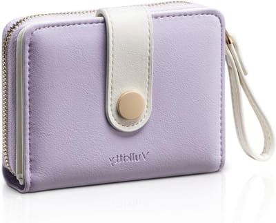 Dames Kleine Leer Bifold Portemonnee - Compacte Kaartenhouder met ID Venster, Muntzak en Lanyard, Paars, Stijlvol en Praktisch