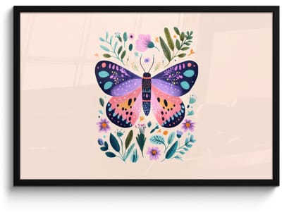 Poster in lijst - Fotolijst 90x60 cm - Posters - Bloemen - Bladeren - Vlinder - Kleurrijk - Posterlijst zwart - Decoratie - Wanddecoratie woonkamer - Muurdecoratie slaapkamer