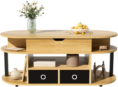 Moderne Salontafel met Houtlook - Verstelbare Hoogte - Opbergruimte en Zwarte Stofladen - Multifunctioneel - Hout - Bruin