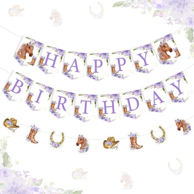 Dailygoods- Verjaardagsbanner Paardenthema - Slinger - Decoratie - Feestdecoratie - Paars - 8 Stuks in 4 Ontwerpen - Feestbanner