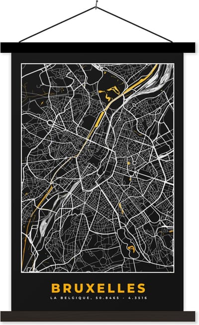 Posterhanger incl. Poster 40x60 cm - Schoolplaat - Brussel - Stadskaart - Goud - Kaart - Plattegrond - Textielposter - Zwarte latten - Stadskaart