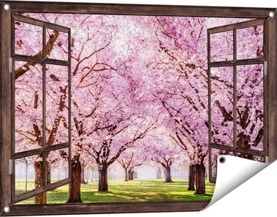 Gards Tuinposter Doorkijk Roze Bloesembomen Park - Bloemen - 90x60 cm - Tuindoek - Tuindecoratie - Wanddecoratie buiten - Tuinschilderij