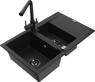 Mexen Gaspar granieten spoelbak 1,5-kamer met afdruiprek en keukenkraan Duero, zwart - 6507-77-671600-70-B