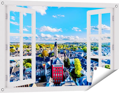 Gards Tuinposter Doorkijk Maastricht Stad met Huizen - 90x60 cm - Tuindoek - Tuindecoratie - Wanddecoratie buiten - Tuinschilderij