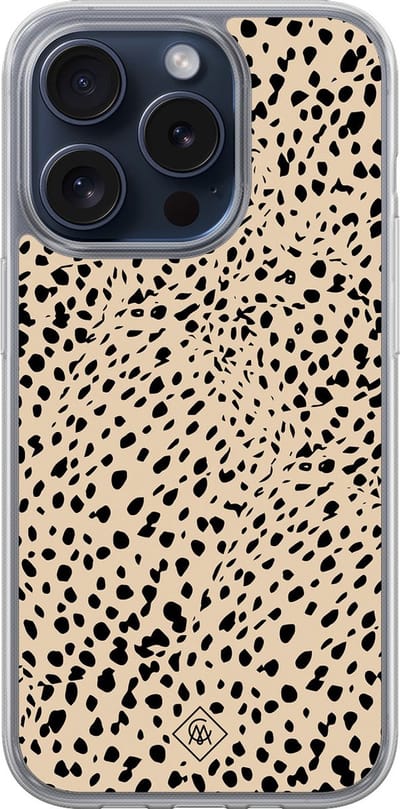 Casimoda® hoesje - Geschikt voor iPhone 15 Pro - Stippen bruin abstract - 2-in-1 case - Schokbestendig - Gestipt - Verhoogde randen - Bruin/beige, Transparant