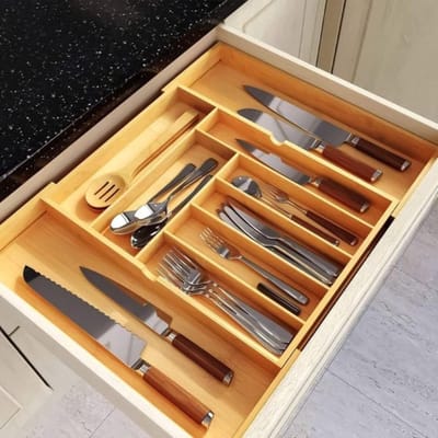 Bestekbak van hout voor schuifladen - Uittrekbaar tot 9 vakken - Keukenorganizer bestekbak 47 deep