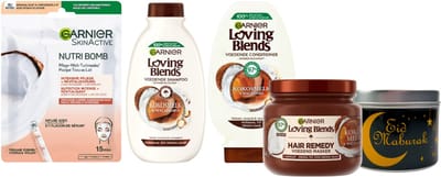 Loving Blends Cadeauset Ramadan Suikerfeest Kokosmelk Macadamia & Garnier - Loving Blends Shampoo 300ml Kokosmelk - Loving Blends Haarmasker Remedy 340ml Kokosmelk - Garnier SkinActive Masker Sheet Nutri Bomb Kokosmelk