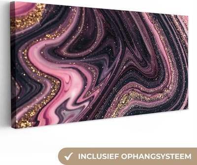 Canvas schilderij 160x80 cm - Wanddecoratie Marmerlook - Roze - Paars - Goud - Luxe - Marmer - Muurdecoratie woonkamer - Slaapkamer decoratie - Kamer accessoires - Schilderijen op canvas