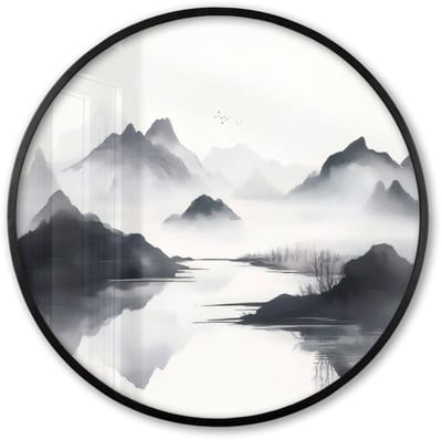 Poster in lijst Rond - Fotolijst 60x60 cm - Posters - Bergen - Mistig - Water - Wit - Ronde posterlijst zwart - Decoratie - Wanddecoratie woonkamer - Muurdecoratie slaapkamer