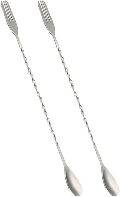 Cocktail Lepel Set van 2 Stuks, 32 cm, RVS Barlepel met Vork, Mixen en Proeven van Dranken
