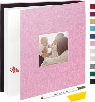 Fotoalbum met Zelfklevende Pagina's voor 4x6, 5x7 en 8x10 Inch Foto's, 60 Bladzijden, Linnen Kaft en DIY Accessoires in Roze