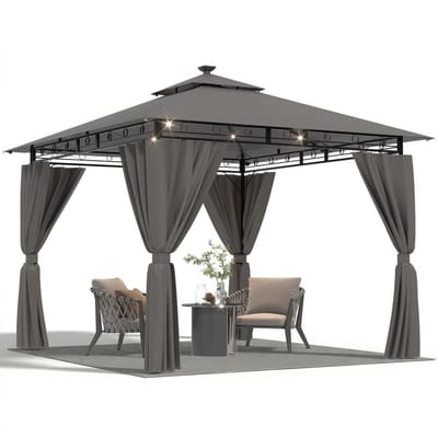 Devoko Tuinpaviljoen 3x3 m - LED-verlichting op zonne-energie - Instelbare helderheid-timerfunctie - waterdicht en UV-bestendig - ademend dubbel dak - met vier zijwanden - Grijs
