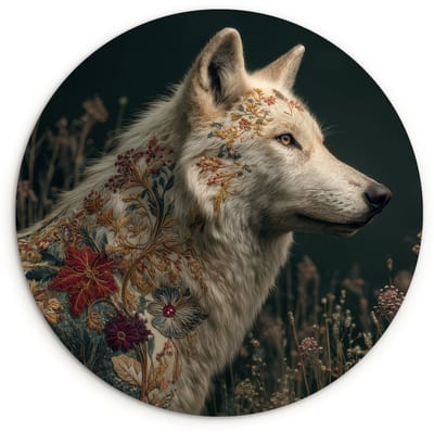 WallCircle® Wandcirkel 120x120 cm - Muurcirkel Wolf - Bloemen - Natuur - Muurdecoratie woonkamer - Wanddecoratie slaapkamer - Kamer decoratie accessoires - Ronde schilderijen XXL