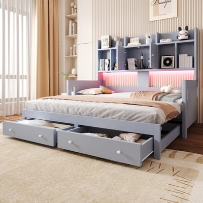 Slaapbank - 90x190 cm Houten Bedbank Met Opbergruimte LED Stopcontact Grijs