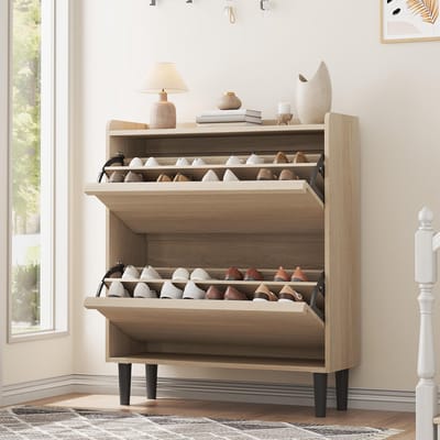 Smal Schoenenkast 2 Kleppen Voor 12-16 Paar Schoenen - 87x26x95cm - Schoenenrek - Schoenenmeubel Hout - Verstelbare Planken - Minimalistisch - Ruimtebesparend - Voor Hal Woonkamer - Houtkleur