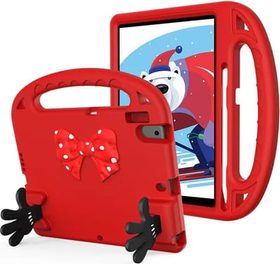 Kinderhoes - Schokbestendig - Lichtgewicht - Boogknoop Schattig - Handvat Kickstand Geschikt voor: Apple iPad 10.2 inch 9e/8e/7e generatie - 2021/2020/2019 - Rood
