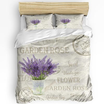 Bloem Lavendel Ketel Vintage Ansichtkaart Hout Dekbedovertrek Met Kussensloop 3-delige Beddengoedset Dekbedovertrek Tweepersoonsbed Hometextiel EU single(135x200cm)