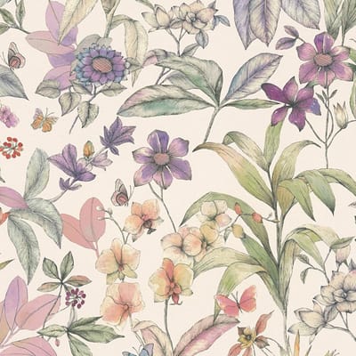 Bloemen behang Profhome 791872-GU vliesbehang hardvinyl warmdruk in reliëf licht gestructureerd met bloemmotief mat wit paars olijfgroen zwart 5,33 m2