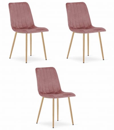 Set van 3 Eetkamerstoelen LAVA - Donkerroze - Houtlook Metalen Poten - Velvet Bekleding - Industriële Stijl, Max. 110 kg, Ergonomisch Design, Comfortabele Zitting