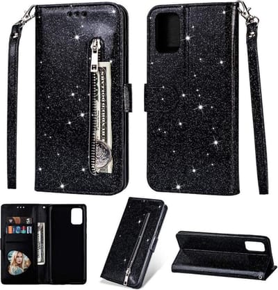 LuxeBass Hoesje geschikt voor Samsung Galaxy A41 Glitter Bookcase hoesje Portemonnee met rits - Zwart - telefoonhoes - gsm hoes - telefoonhoesjes