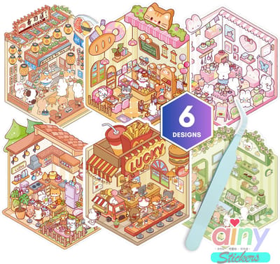 Ainy - Scene 3D Sticker set | Inclusief Pincet | Set van 6 Achtergronden 13*14cm met PET Stickers | Kat & Vrienden miniatuur stickerboek | Creatief & Rustgevend vakantieboek | Stickervellen voor volwassenen en kinderen
