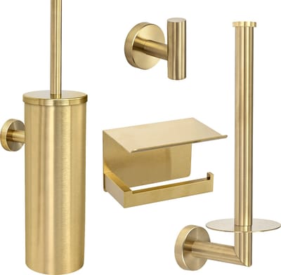 VDN Stainless Toiletaccessoireset goud 4-delig - Geborsteld RVS - Toiletborstelhouder - Toiletrolhouder met plankje - Handdoekhaakje - Reserverolhouder